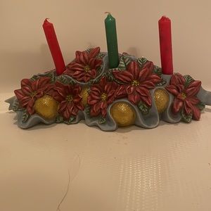 Vintage 1970’s Christmas candle holder Ceramic gold balls poinsettias red green